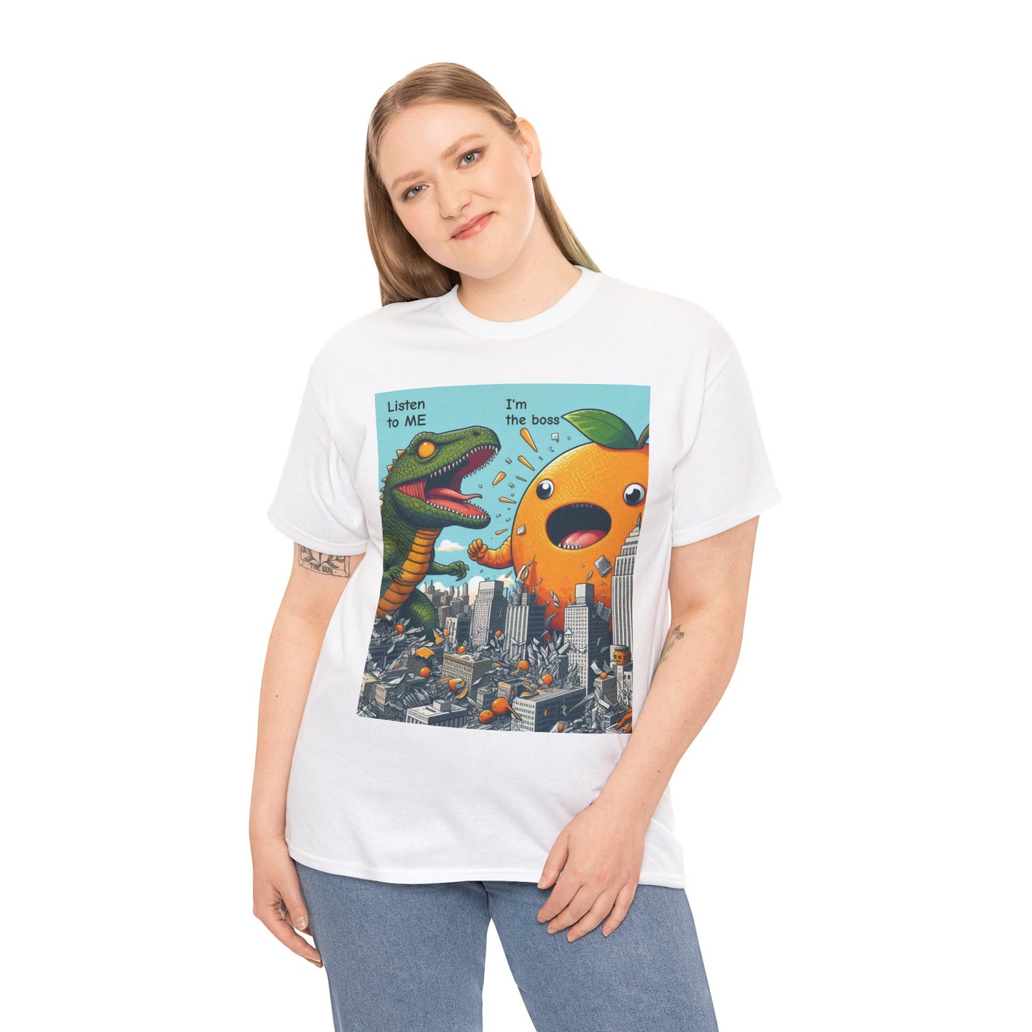 Playful Dinosaur and Orange Boss Unisex Heavy Cotton Tee