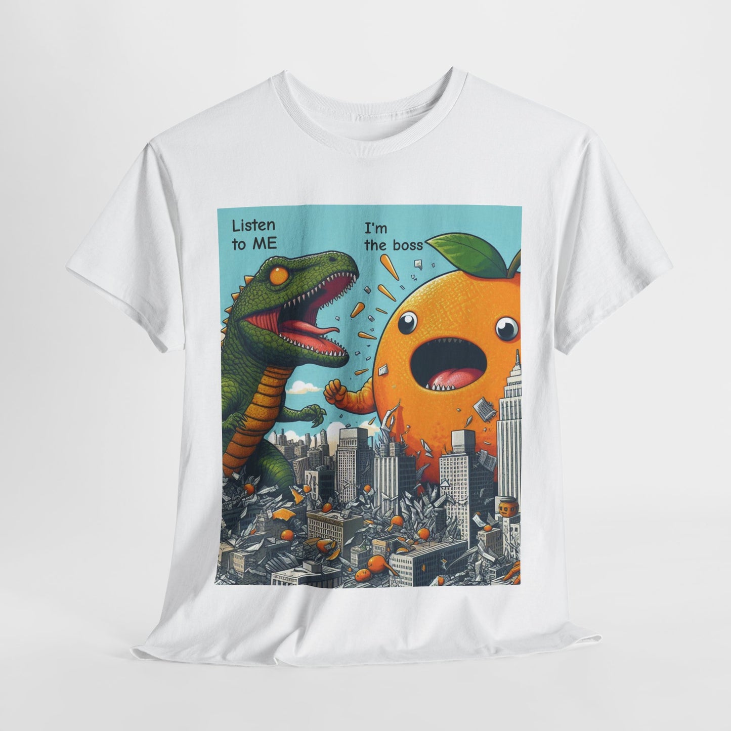 Playful Dinosaur and Orange Boss Unisex Heavy Cotton Tee