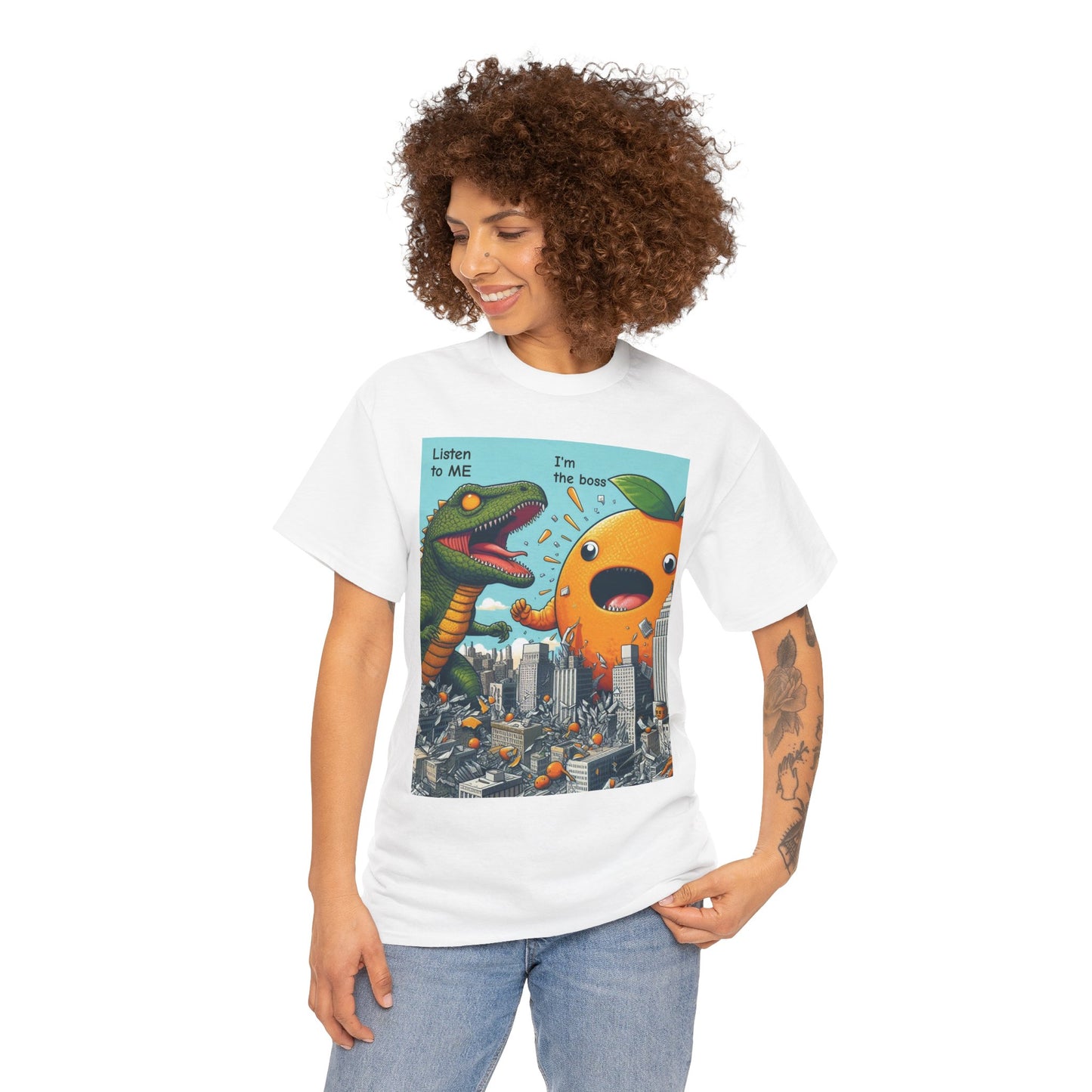 Playful Dinosaur and Orange Boss Unisex Heavy Cotton Tee