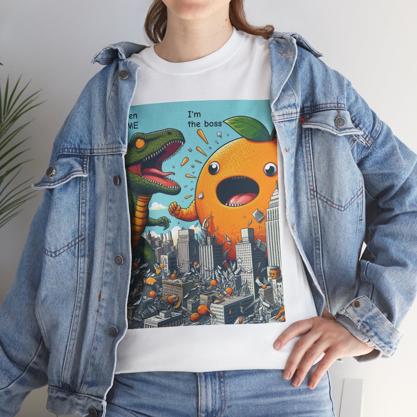 Playful Dinosaur and Orange Boss Unisex Heavy Cotton Tee