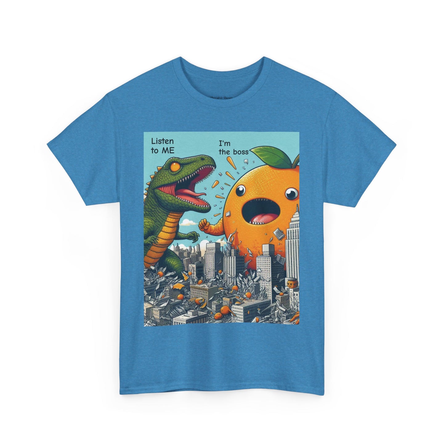 Playful Dinosaur and Orange Boss Unisex Heavy Cotton Tee